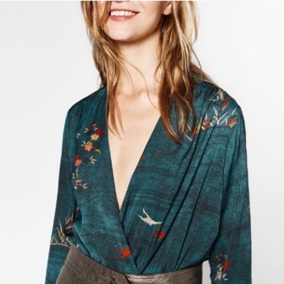 Zara Tops - Like new Zara silky teal bird print bodysuit sz S